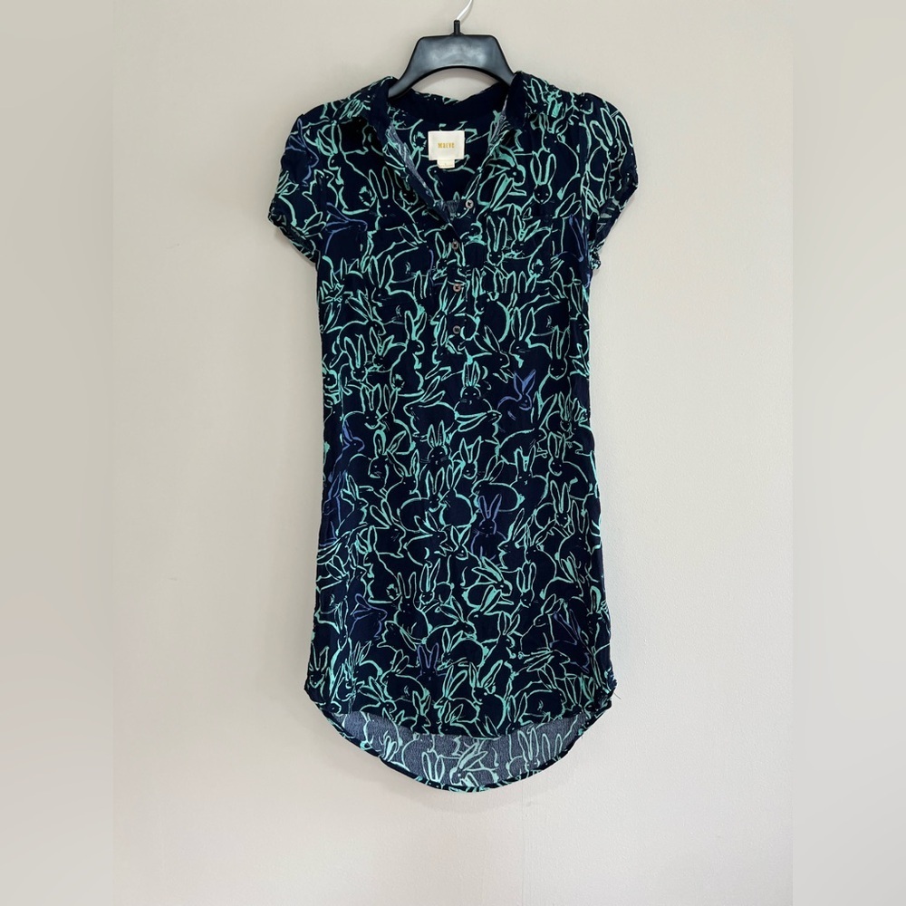 Anthroplogie Maeve Franziska Bunny Rabbit Navy + Teal Mini Dress, size 0